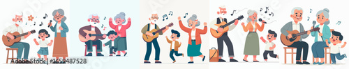 Cheerful Flat Illustration of Grandparents Playing Music with Grandchildren Together