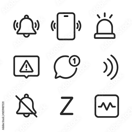 Alarm Icon Set. Outline icon set of alarm clock notifications: ringing bell, vibrating phone, flashing light, popup alert, message