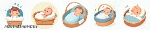 Cute Cartoon Style Sleeping Newborn Baby in Basket Assortment Illustration