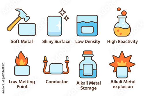 Alkali Metals Illustrated. Flat vector mini-illustrations alkali metal properties in colors children's illustrations: soft metal,