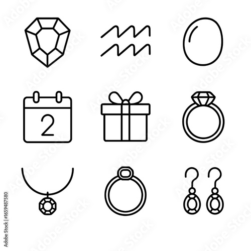 Amethyst Birthstone Icons. Outline icon set of amethyst birthstone: February birthstone, zodiac sign, healing stone, birth month,