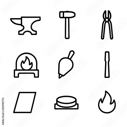 Anvil Tool Icons. Outline icon set of anvil tools: anvil, hammer, tongs, forge, bellows, chisel, metal sheet, whetstone, fire.