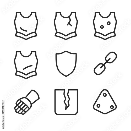 Armor Damage Icons. Outline icon set of armor damage types: dent, crack, rust, scratch, chipped plate, broken chain, bent gauntlet