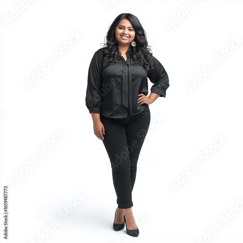 Confident Smiling Woman in Casual Black Clothing: Stylish Full-Body Fashion Portrait Isolated on Bright Studio Background
