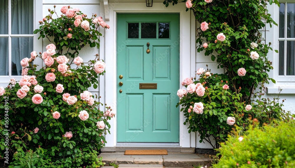 Fototapeta premium A charming cottage front door painted pastel green surrounded by blooming roses 