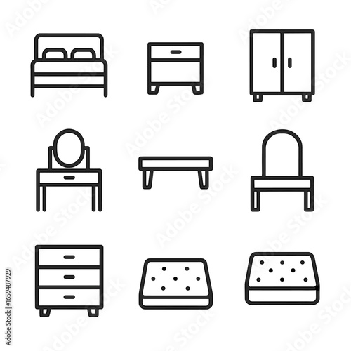 Bedroom Furniture Icons. Outline icon set of bedroom furniture: bed frame, nightstand, dresser, wardrobe, vanity table, bench,