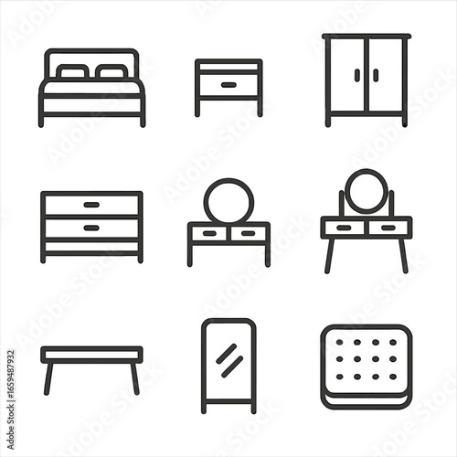 Bedroom Furniture Icons. Outline icon set of bedroom furniture: bed frame, nightstand, dresser, wardrobe, vanity table, bench,