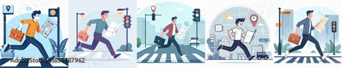 Flat Illustration of Businessman Running Late to Work Crossing Street