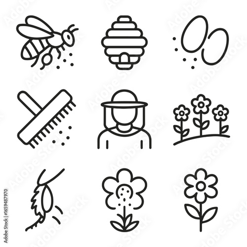 Bee Pollen Icon Set. Outline icon set of pollen collection: honeybee gathering pollen, bee hive, pollen sacs, pollen brush,