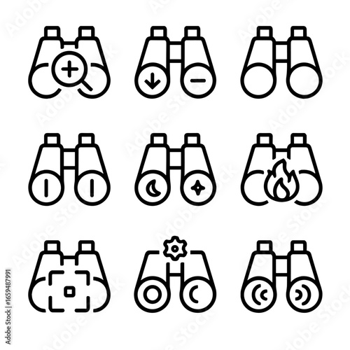 Binocular Icon Set. Outline icon set of binocular viewing: zoom in, zoom out, wide view, narrow view, night vision mode, thermal