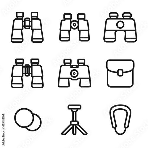 Binocular Icons Outline. Outline icon set of binoculars: classic binoculars, compact binoculars, night vision binoculars, zoom