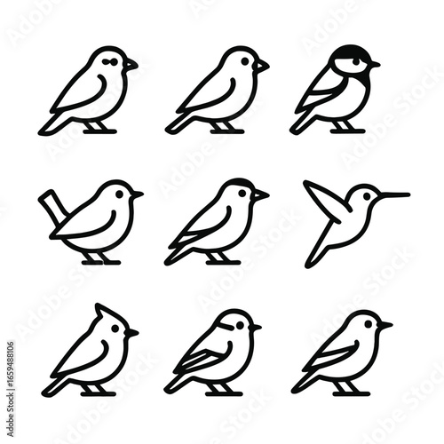 Bird Outline Icons. Outline icon set of small bird: sparrow, finch, chickadee, wren, goldfinch, hummingbird, titmouse, kinglet,