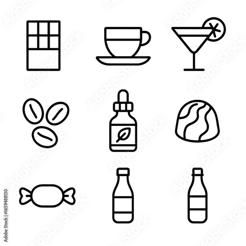 Bitter & Umami Icons. Outline icon set of bitter desserts and drinks: dark chocolate bar, espresso cup, bitter cocktail,