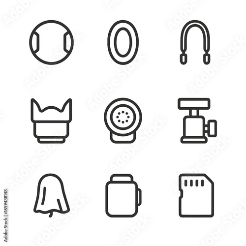 Birdwatching Gear Icons. Outline icon set of birdwatching equipment details: lens cap, eyecup, neck strap, lens hood, focus knob,