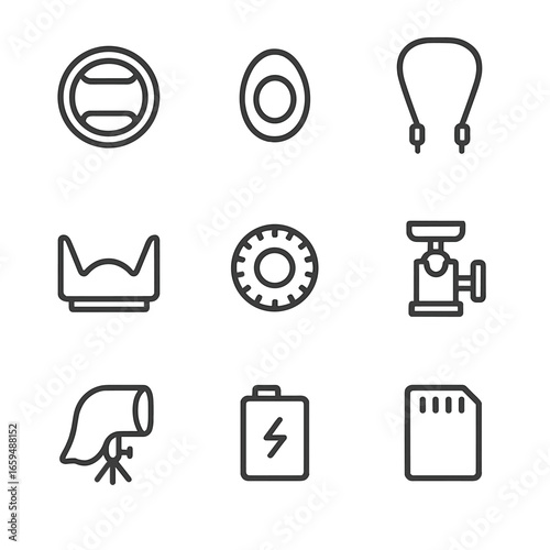 Birdwatching Gear Icons. Outline icon set of birdwatching equipment details: lens cap, eyecup, neck strap, lens hood, focus knob,