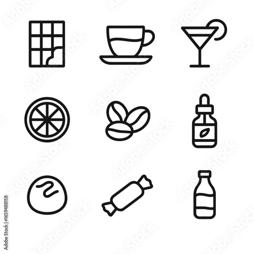 Bitter & Umami Icons. Outline icon set of bitter desserts and drinks: dark chocolate bar, espresso cup, bitter cocktail,