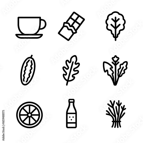 Bitter Foods Icons. Outline icon set of bitter foods and ingredients: black coffee, dark chocolate, kale, bitter melon, arugula,