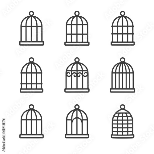 Birdcage Materials Icons. Outline icon set of birdcage materials: metal, wood, plastic, bamboo, wrought iron, stainless steel,