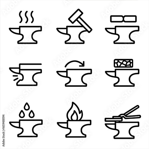 Blacksmith Icon Set. Outline icon set of anvil blacksmithing symbols: heat, hammer strike, weld, spark, metal flow, grain