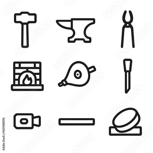 Blacksmith Tools Icons. Outline icon set of blacksmith tools: hammer, anvil, tongs, forge, bellows, chisel, hammerhead, metal rod,