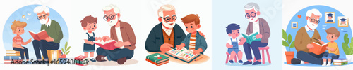 Cheerful Grandfather Reading Book with his Grandson Illustration Set