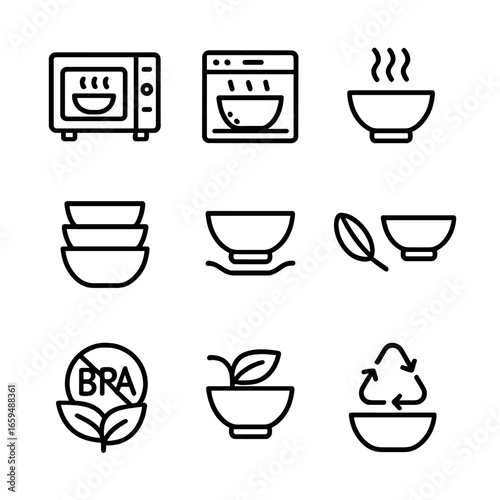 Bowl Feature Icons. Outline icon set of bowl features: microwave safe, dishwasher safe, heat resistant, stackable, non-slip base,