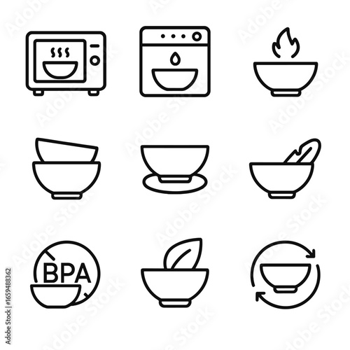 Bowl Feature Icons. Outline icon set of bowl features: microwave safe, dishwasher safe, heat resistant, stackable, non-slip base,