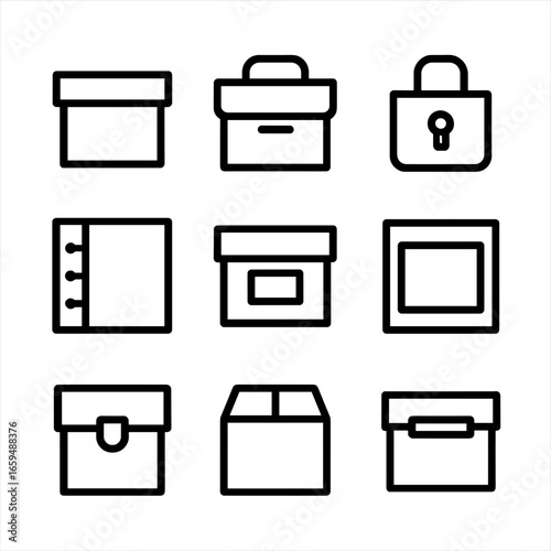 Box Feature Icons. Outline icon set of box features: lid, handle, lock, hinge, label, window, clasp, divider, slot. Line icons in