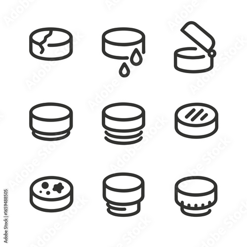 Cap Defect Icons. Outline icon set of cap defects: cracks, leaks, broken hinge, missing gasket, deformed threads, discoloration,