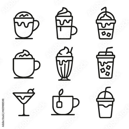 Caramel Beverage Icons. Outline icon set of caramel beverages: caramel latte, caramel macchiato, caramel frappuccino, caramel hot