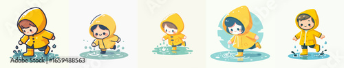 Cute Cartoon Child Playing in Puddle Wearing Raincoat Character Illustration