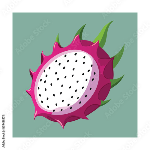 Dragon fruit cut in half on a teal background pitaya