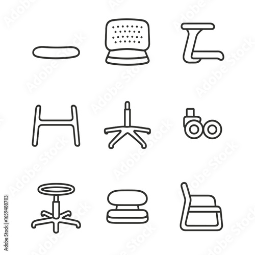 Chair Parts Icons. Outline icon set of plastic chair parts: seat, backrest, armrest, legs, swivel base, casters, footrest, cushion