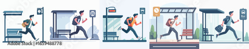 Minimalist Flat Illustration of a Man Running to Catch the Bus Commute