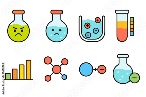 Acid Strength Icons. Flat vector mini-illustrations strong vs weak acids in colors children's illustrations: strong acid, weak