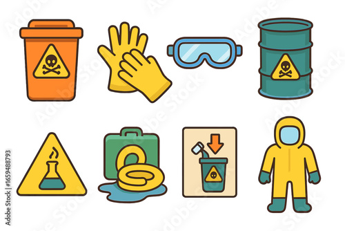 Chemical Safety Icons. Flat vector mini-illustrations chemical waste safe handling in colors children's illustrations: hazardous