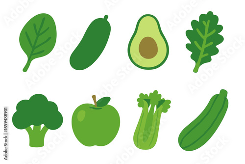 Alkaline Food Icons. Flat vector mini-illustrations alkaline foods in colors children's illustrations: spinach leaf, cucumber,