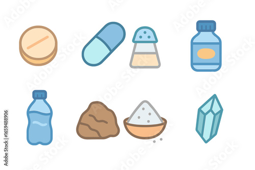 Alkaline Minerals Icons. Flat vector mini-illustrations alkaline minerals in colors children's illustrations: calcium tablet,
