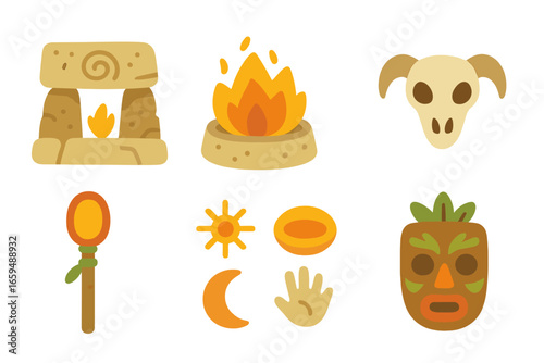 Ancient Altar Icons. Flat vector mini-illustrations ancient altar in colors children's illustrations: stone carvings, fire pit,