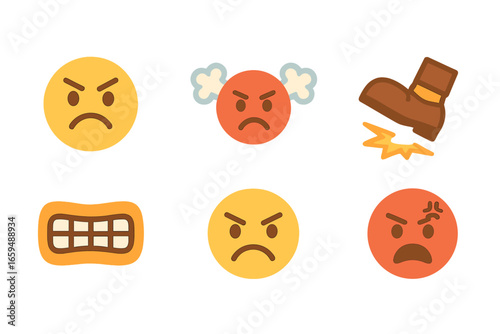 Angry Emotions Icons. Flat vector mini-illustrations angry smash emotions in colors children's illustrations: angry face, clenched