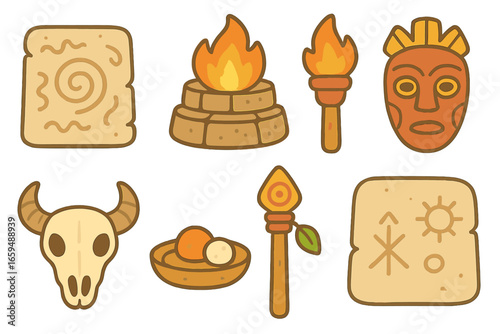Ancient Altar Icons. Flat vector mini-illustrations ancient altar in colors children's illustrations: stone carvings, fire pit,