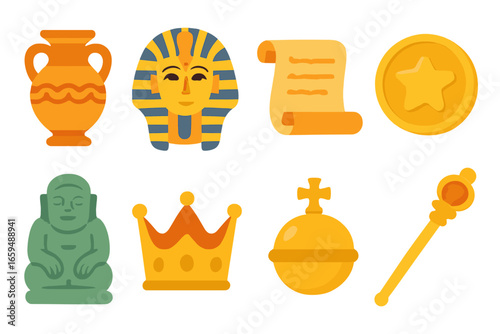 Children's Artifact Icons. Flat vector mini-illustrations precious artifacts in colors children's illustrations: ancient vase,