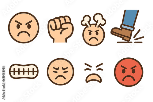 Angry Emotions Icons. Flat vector mini-illustrations angry smash emotions in colors children's illustrations: angry face, clenched