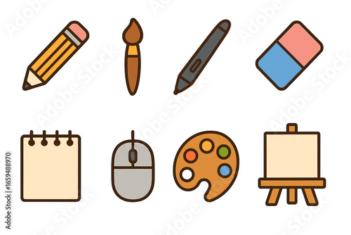 Art Tools Grid. Flat vector mini-illustrations illustration tools digital and traditional in colors children's illustrations: