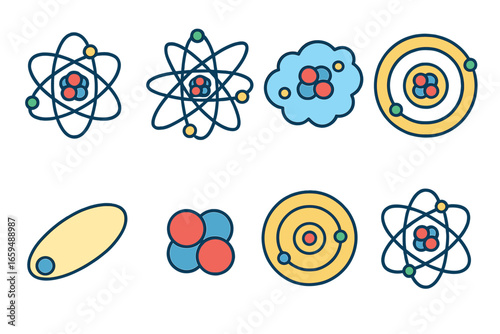 Atomic Model Illustrations. Flat vector mini-illustrations atomic models in colors children's illustrations: Bohr model,