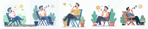 Flat Illustration Man Yawning While Sitting on Chair Relaxing Outdoor