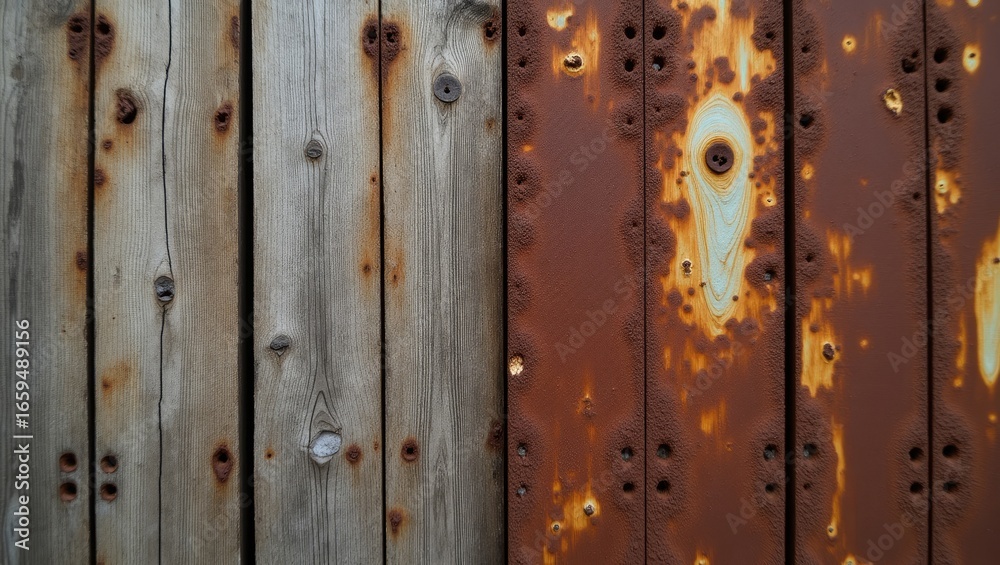 Fototapeta premium A weathered wooden and rusted metal surface, showcasing contrasting textures and colors.