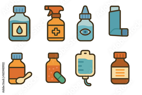 Children's Medicinal Icons. Flat vector mini-illustrations medicinal solutions in colors children's illustrations: saline solution