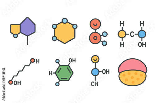 Biochemistry Building Blocks. Flat vector mini-illustrations biochemistry building blocks in colors children's illustrations: