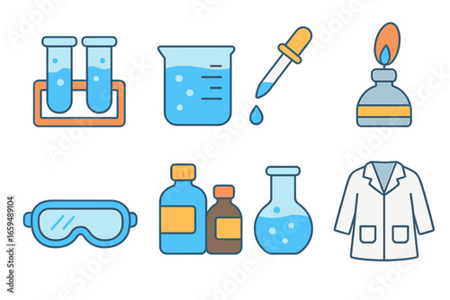 Children's Lab Icons. Flat vector mini-illustrations alkaline lab chemicals in colors children's illustrations: test tubes with